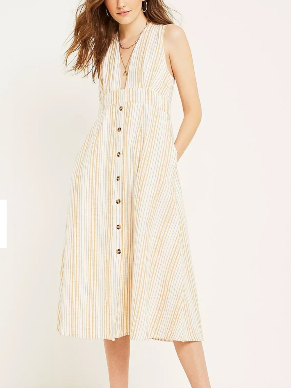 UO Millie Stripe Plunging Linen Button-Through Midi Dress